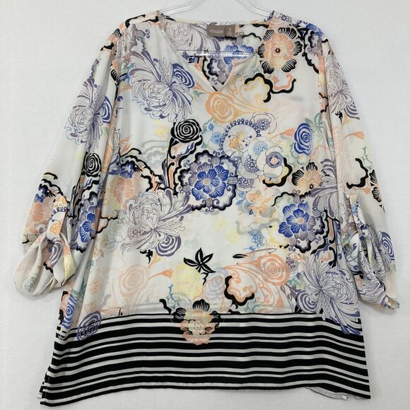 Chico's size 3/XL Multi Color Floral 3/4 Sleeve Split Neck Popover Blouse Office - Picture 1 of 10